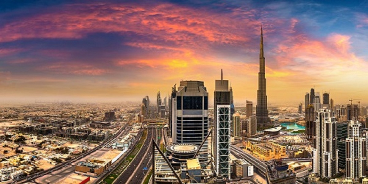 Panorama of downtown Dubai in a summer day, United Arab Emirates